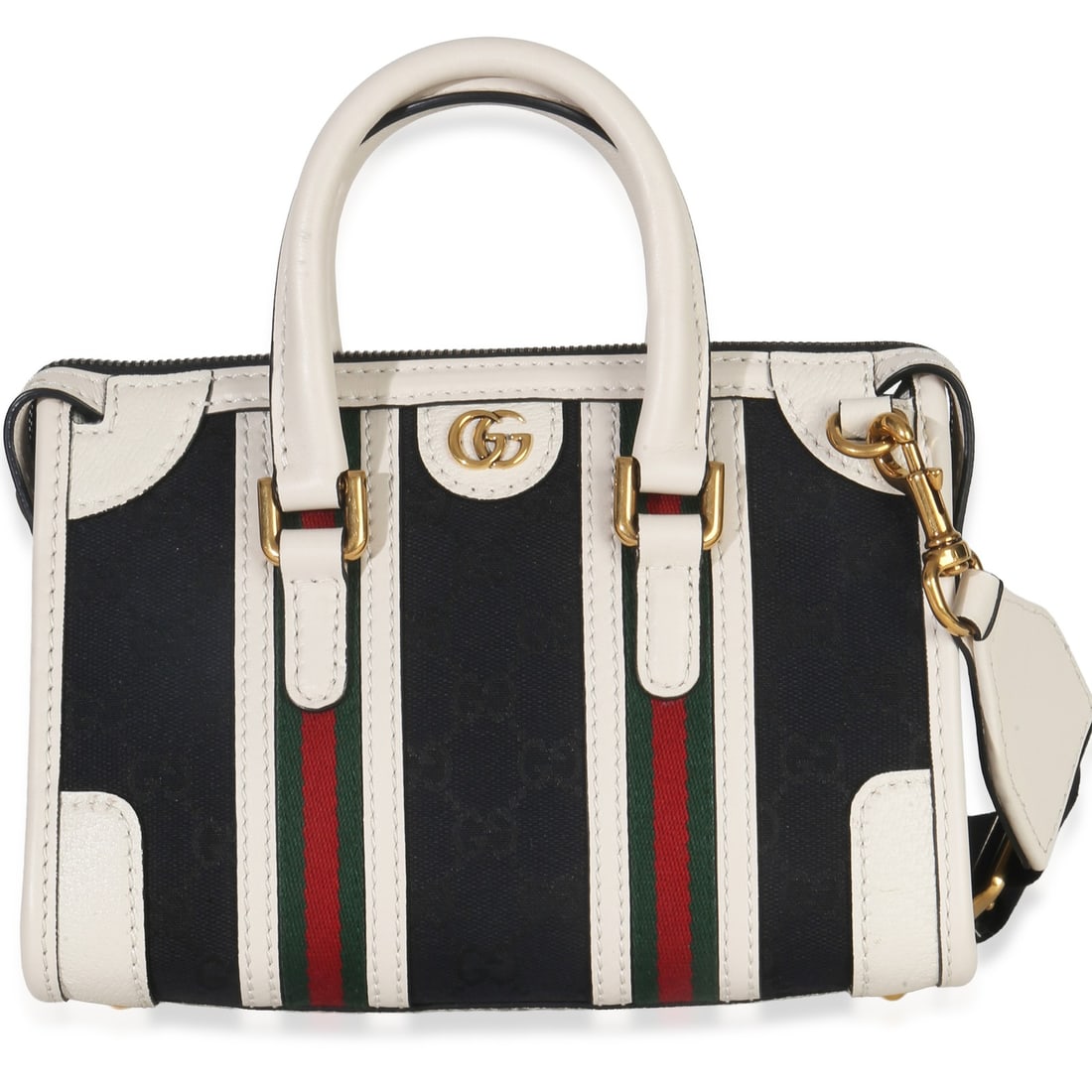 Gucci Mini Double G canvas top handle shoulder bag: Gucci Mini Double G canvas top handle shoulder bag This Gucci Black White Canvas Mini Double G Top Handle Bag features a stylish combination of black and white canvas with leather accents. Designed wi