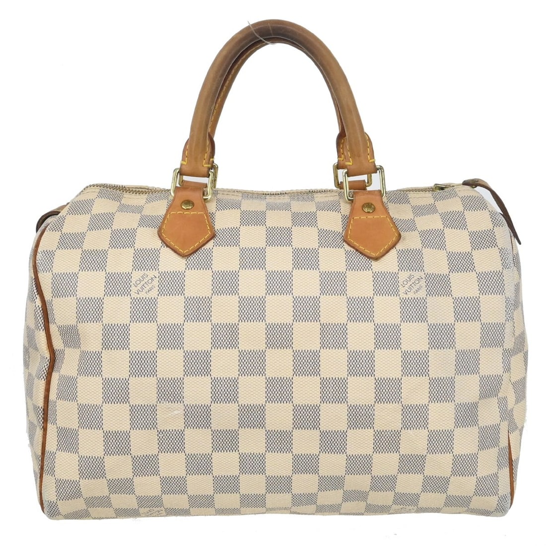 Louis Vuitton Speedy 30 Damier Azur Zip Duffle Handbag: Louis Vuitton Speedy 30 Damier Azur Zip Duffle Handbag This Louis Vuitton Speedy 30 handbag features the signature Damier Azur canvas with leather trim, offering a classic and timeless look. The bag i
