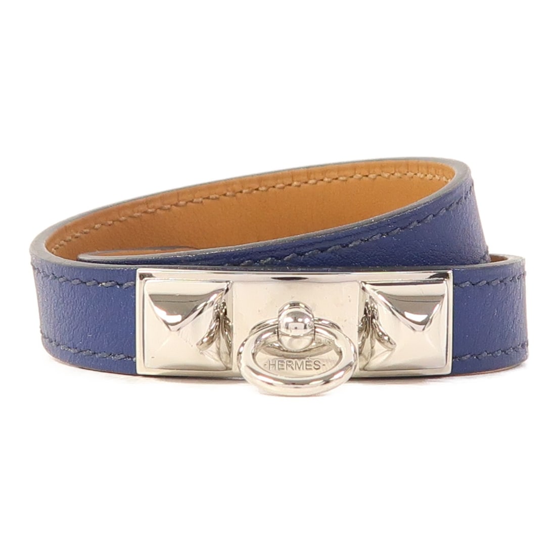 HERMES Rivale Double Tour Bracelet Swift Leather Bleu Saphir: HERMES Rivale Double Tour Bracelet Swift Leather Bleu Saphir This elegant HERMES Rivale Double Tour Bracelet showcases exquisite craftsmanship in supple swift leather, featuring a rich Bleu Saphir col