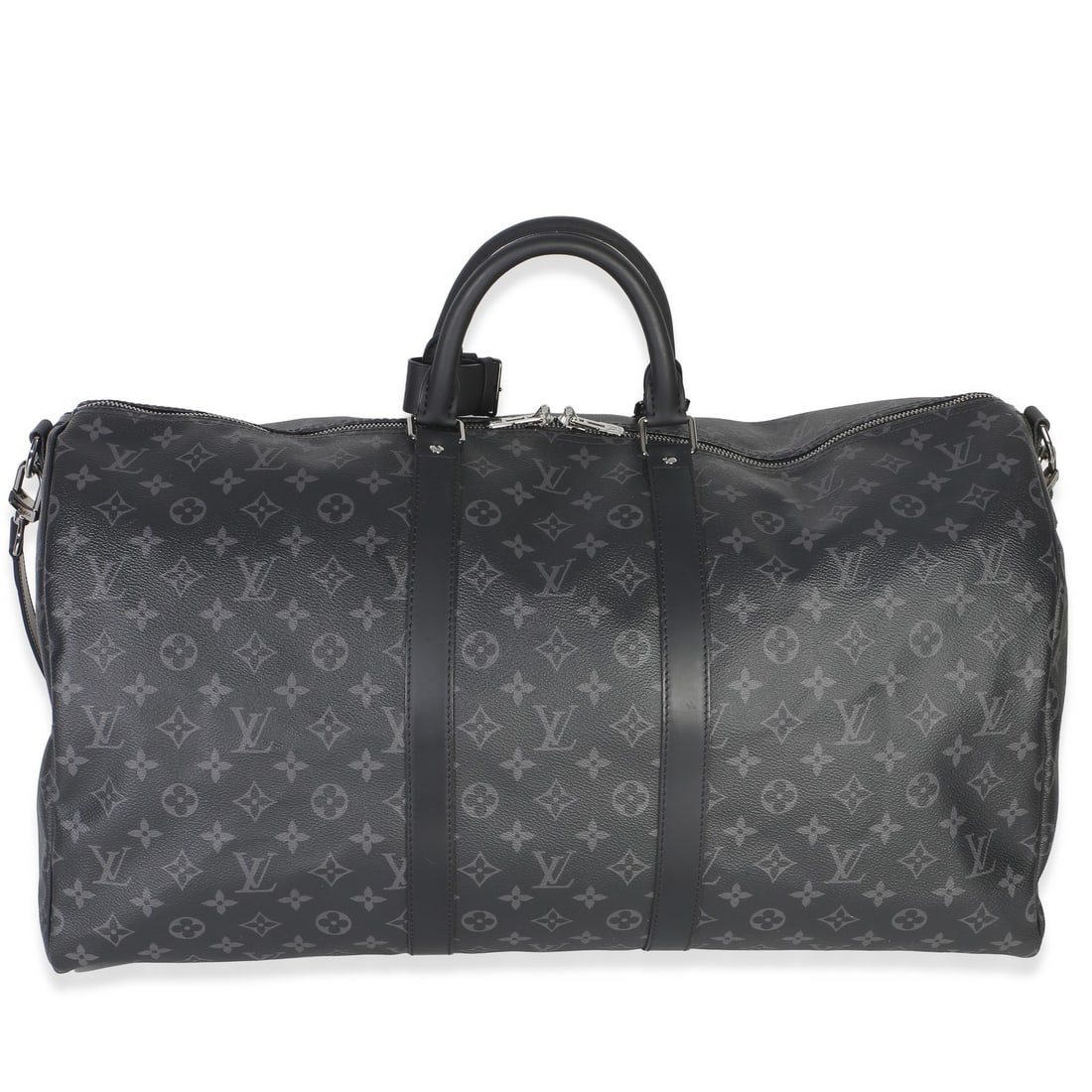Louis Vuitton Eclipse Keepall 55 Black Canvas Duffle Bag: Louis Vuitton Eclipse Keepall 55 Black Canvas Duffle Bag This Louis Vuitton Monogram Eclipse Canvas Keepall Bandouliere 55 is a stylish and spacious duffle bag designed for versatile use. Crafted from
