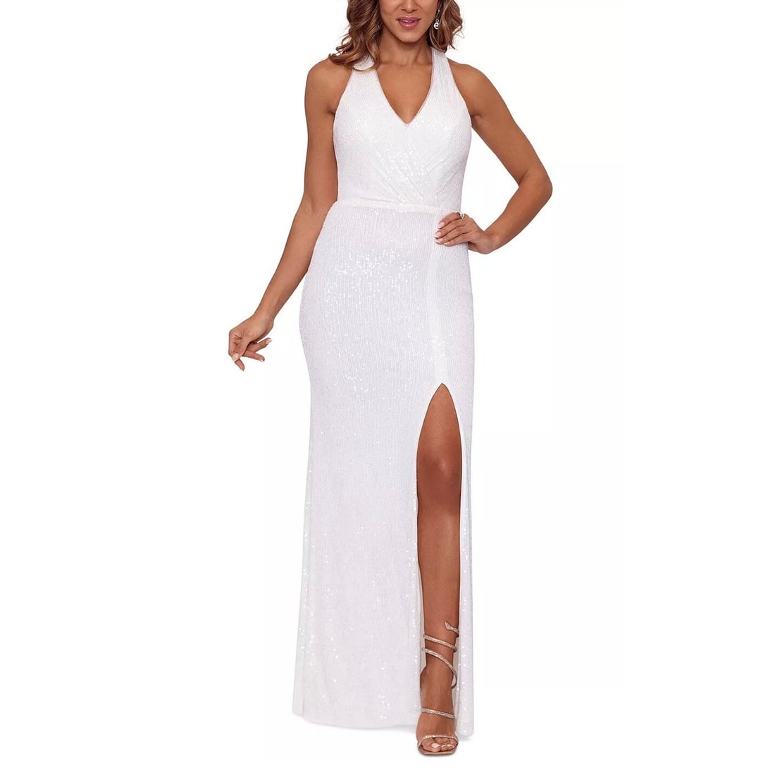 XSCAPE Ivory Sequin V-Neck Fit & Flare Gown with Slit Size 2: XSCAPE Ivory Sequin V-Neck Fit & Flare Gown with Slit Size 2 Make a stunning entrance at your next formal event with this elegant XSCAPE gown. Crafted from a comfortable blend of polyester and spandex
