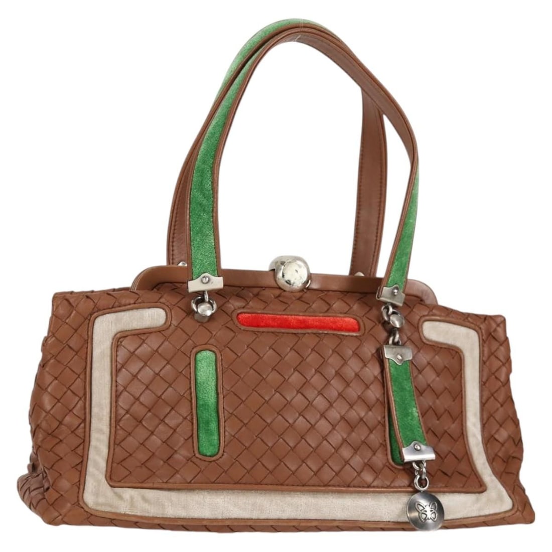 Bottega Veneta Intrecciato Leather Hand Bag Brown Silver Auth 128721V: Bottega Veneta Intrecciato Leather Hand Bag Brown Silver Auth 128721V This exquisite Bottega Veneta Intrecciato Hand Bag showcases a sophisticated design crafted from high-quality leather in a rich br
