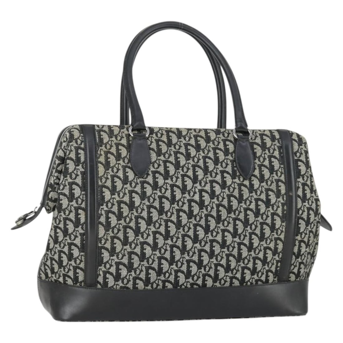 Christian Dior Black Trotter Canvas Boston Bag with Silver Accents: Christian Dior Black Trotter Canvas Boston Bag with Silver Accents This Christian Dior Boston bag features the iconic Trotter canvas in black and silver. The bag offers a spacious interior with a clas
