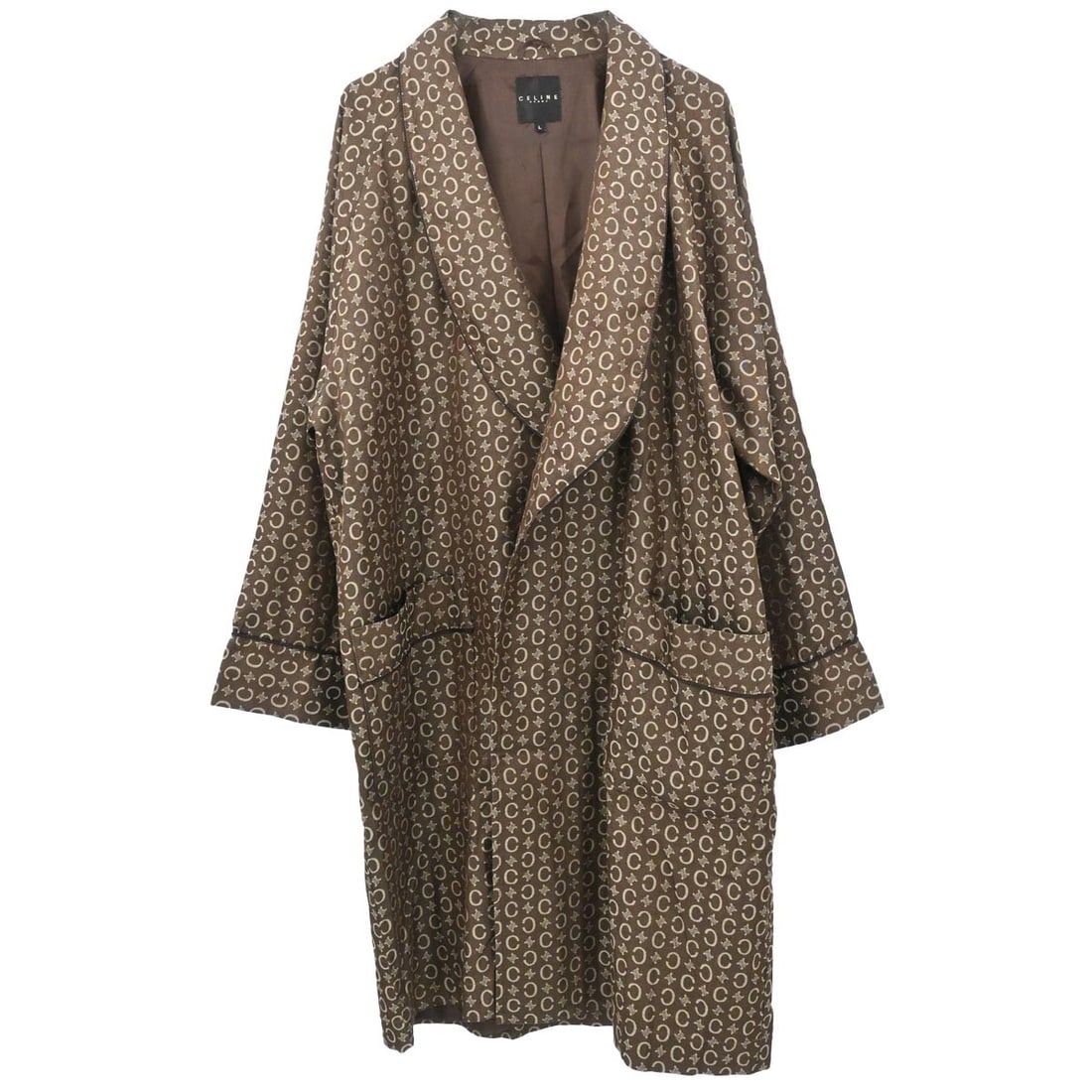 Brown Macadam Pattern Belted Long Overcoat by Celine Size L (1 of 11)