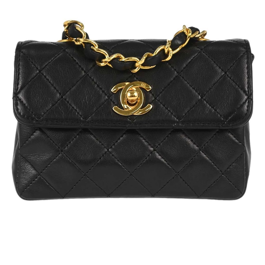 CHANEL Classic Flap Mini Black Lambskin Crossbody Bag: CHANEL Classic Flap Mini Black Lambskin Crossbody Bag This Chanel Black Lambskin Straight Flap Shoulder Bag features a classic quilted matelasse pattern and is crafted from luxurious lambskin leather.