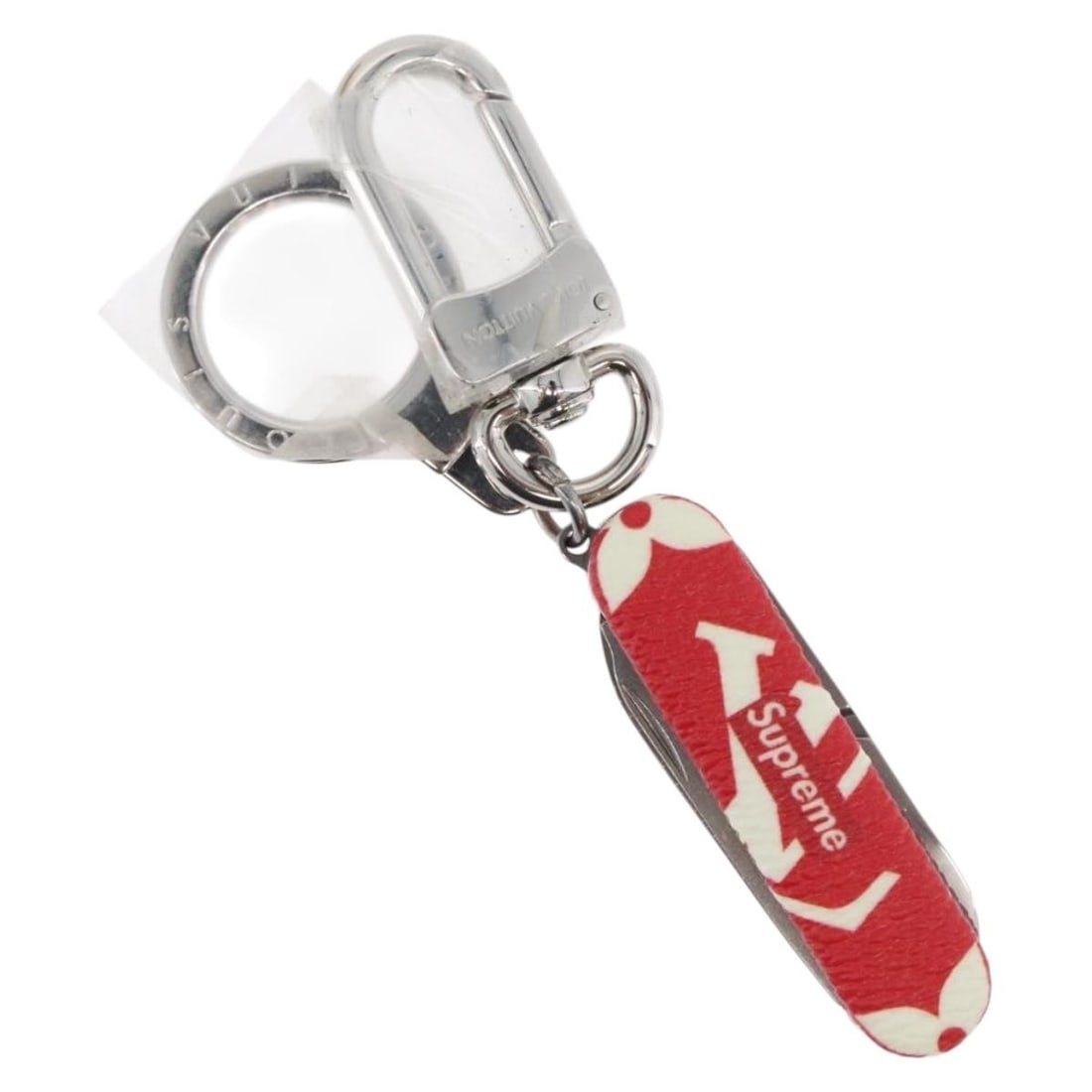 Louis Vuitton Supreme Collaboration Monogram Canvas Pocket Knife Charm MP2070 Red: Louis Vuitton Supreme Collaboration Monogram Canvas Pocket Knife Charm MP2070 Red This Louis Vuitton x Supreme pocket knife key chain features the iconic Monogram canvas in red and serves as a stylish