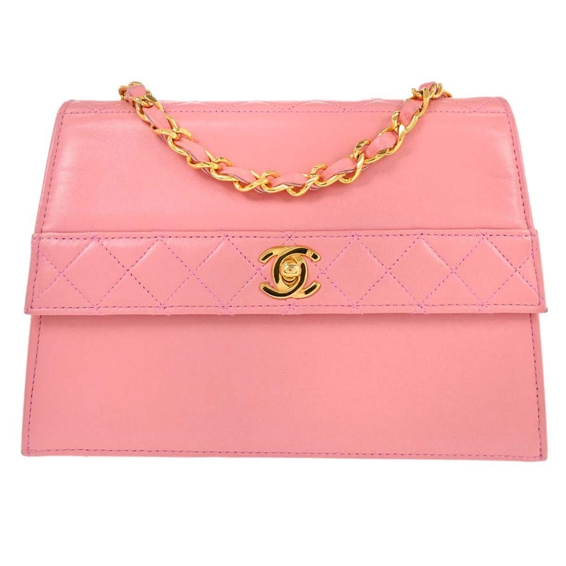 CHANEL Pink Lambskin Matelasse Single Chain Shoulder Bag: CHANEL Pink Lambskin Matelasse Single Chain Shoulder Bag This Chanel Pink Lambskin Straight Flap Shoulder Bag features a quilted matelasse pattern and is crafted from luxurious lambskin leather. The b