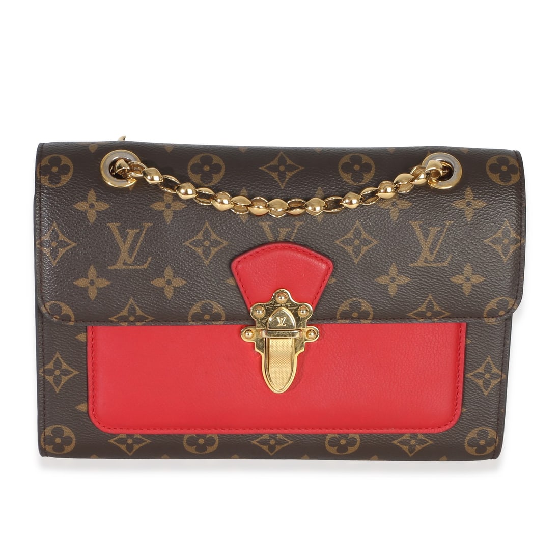 Louis Vuitton Victoire Chain Bag Cherry Monogram Canvas Shoulder Bag: Louis Vuitton Victoire Chain Bag Cherry Monogram Canvas Shoulder Bag This pre-owned Louis Vuitton Victoire Chain Bag features the signature cherry monogram canvas in brown and red, complemented by gol