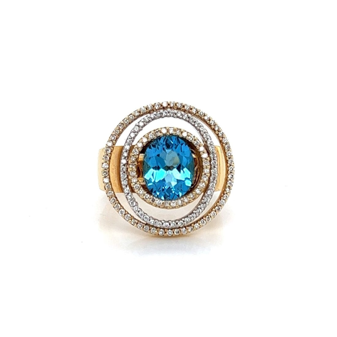 14k Two Tone Gold Blue Topaz Diamond Statement Ring Size 6.5: 14k Two Tone Gold Blue Topaz Diamond Statement Ring Size 6.5 This statement ring features a vibrant blue topaz, approximately 3.00 carats in total weight, accented by sparkling diamonds totaling about
