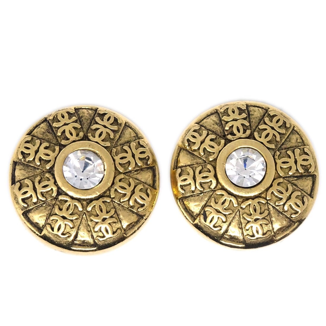 Chanel Gold Plated Button Earrings Clip-On with Rhinestones: Chanel Gold Plated Button Earrings Clip-On with Rhinestones These elegant Chanel button earrings showcase a stunning design featuring a gold-plated finish adorned with sparkling rhinestones, embodying