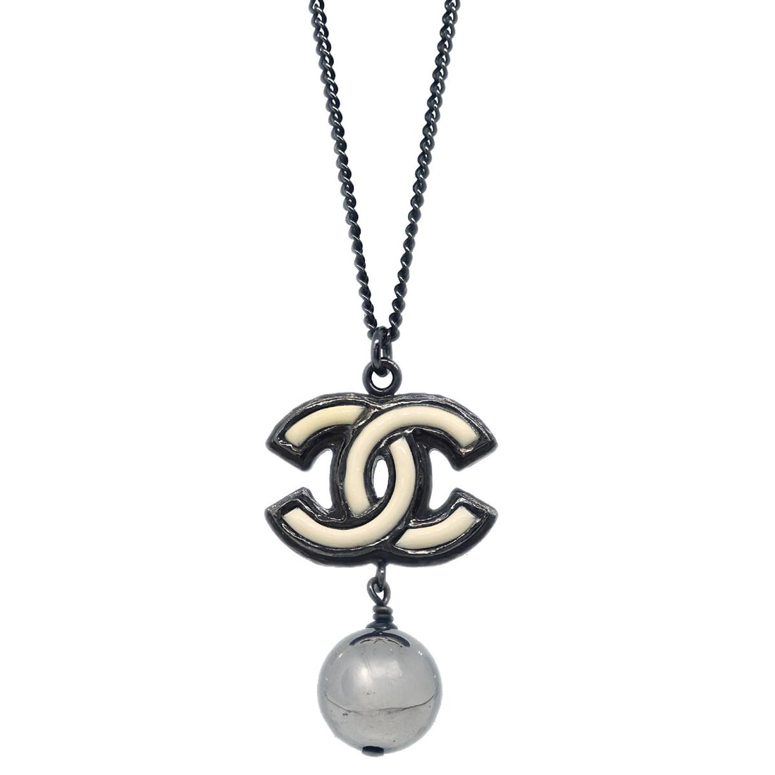 Chanel Silver Plated Pendant Necklace with Black Chain B13B: Chanel Silver Plated Pendant Necklace with Black Chain B13B This Chanel chain necklace features a silver and black color scheme with a silver-plated pendant. The chain design reflects Chanel's signatu