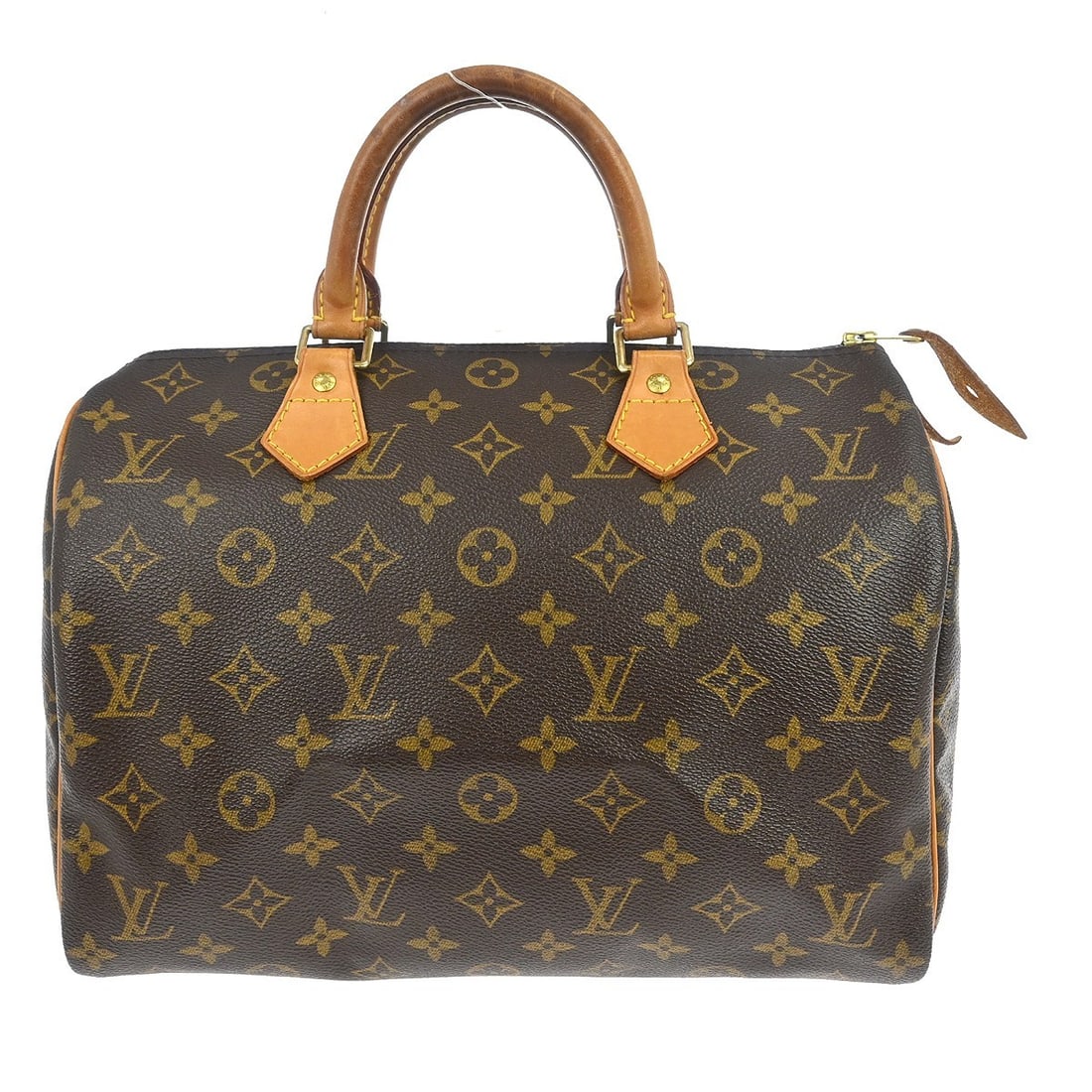 Louis Vuitton Speedy 30 Monogram Satchel Top Handle Bag: Louis Vuitton Speedy 30 Monogram Satchel Top Handle Bag This Louis Vuitton Speedy 30 handbag features the iconic monogram canvas exterior with beige leather double handles and a zip closure. The bag i