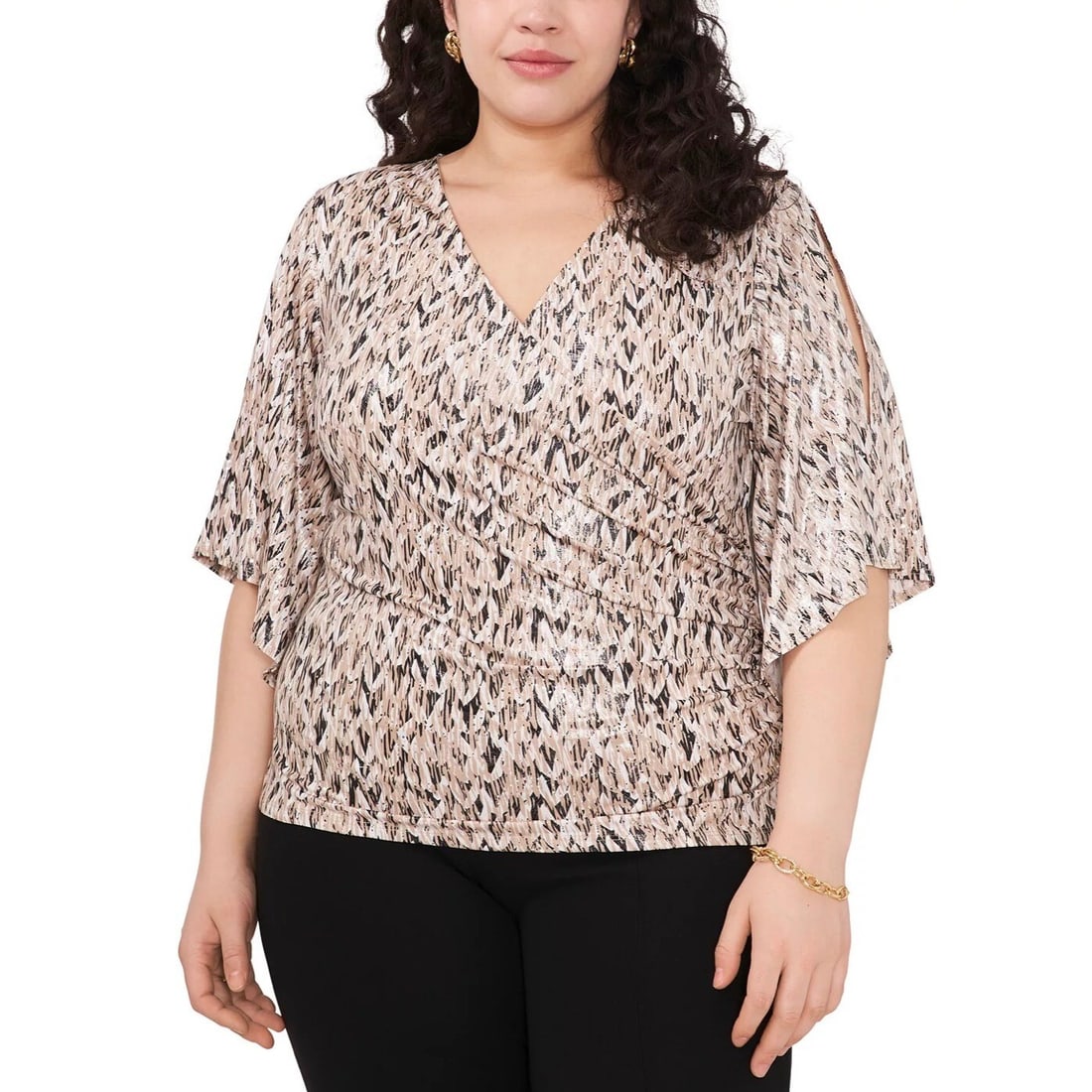 MSK Plus Size Faux-Wrap Blouse V Neck 2X Taupe Ivory Black: MSK Plus Size Faux-Wrap Blouse V Neck 2X Taupe Ivory Black Elevate your wardrobe with this MSK Plus Size Printed V Neck Faux-Wrap Foil Knit Top, featuring a sophisticated faux-wrap silhouette in a chi