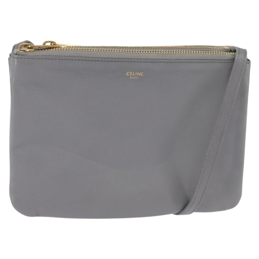 CELINE Trios Mall gray gold leather shoulder bag Italy: CELINE Trios Mall gray gold leather shoulder bag Italy This CELINE Trios Mall shoulder bag features a gray and gold leather exterior with gold-tone hardware. Designed for women, it offers a compact si