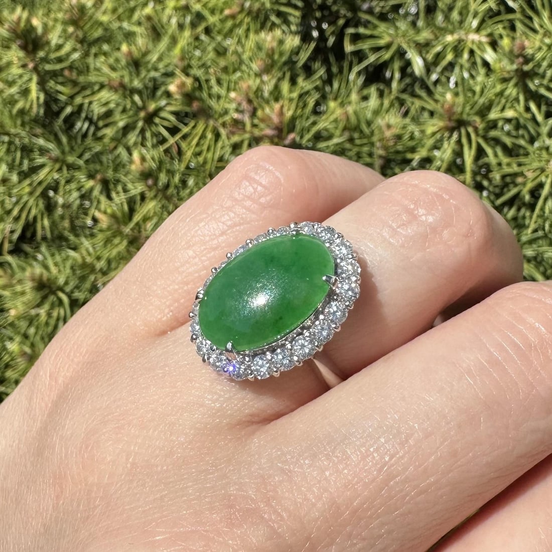 Platinum Ring With Apple Green Jade Cabochon and Diamond Halo 5.45ct: Platinum Ring With Apple Green Jade Cabochon and Diamond Halo 5.45ct This classic platinum cocktail ring features a striking 4.30 carat natural apple green jade cabochon, accented by a halo of 20 roun