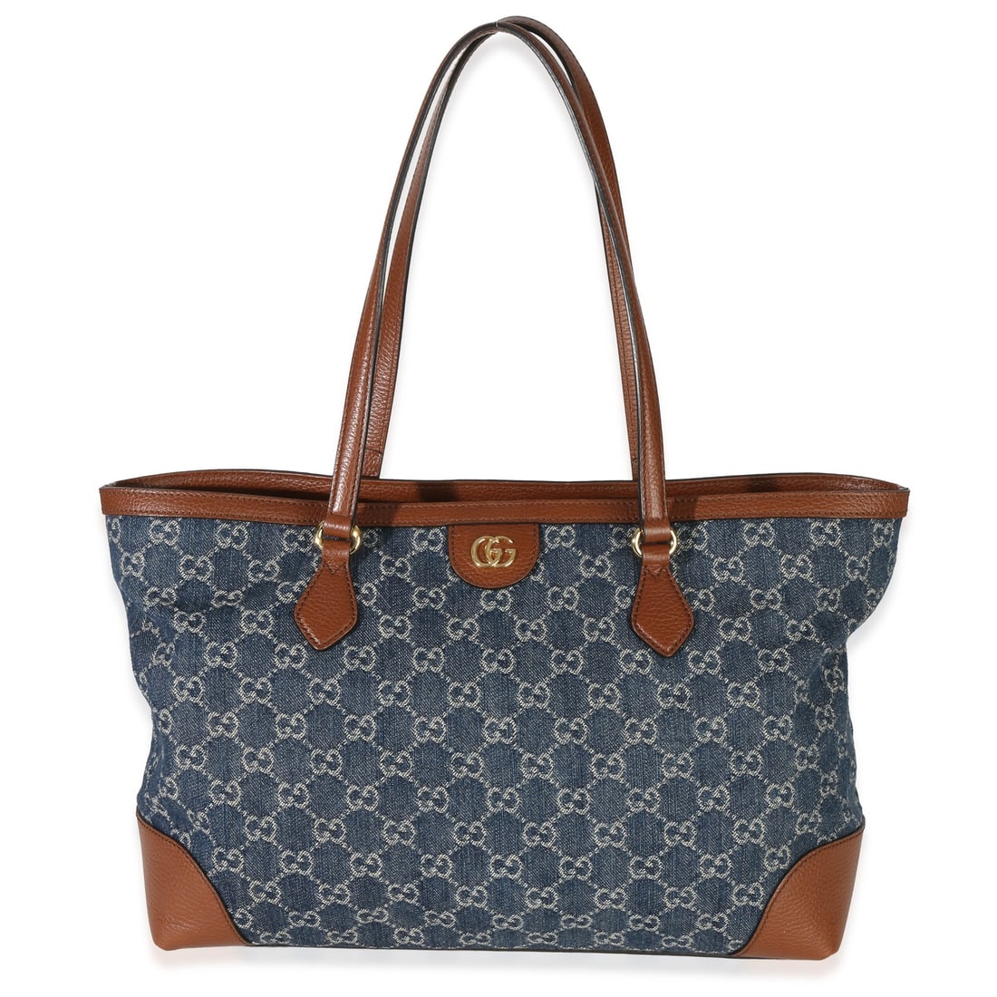 Gucci Ophidia Medium Blue GG Denim Tote: Gucci Ophidia Medium Blue GG Denim Tote This Gucci Blue GG Denim Medium Ophidia Shopping Tote features a denim and leather exterior in blue and brown tones, accented with gold-tone hardware. The tote 