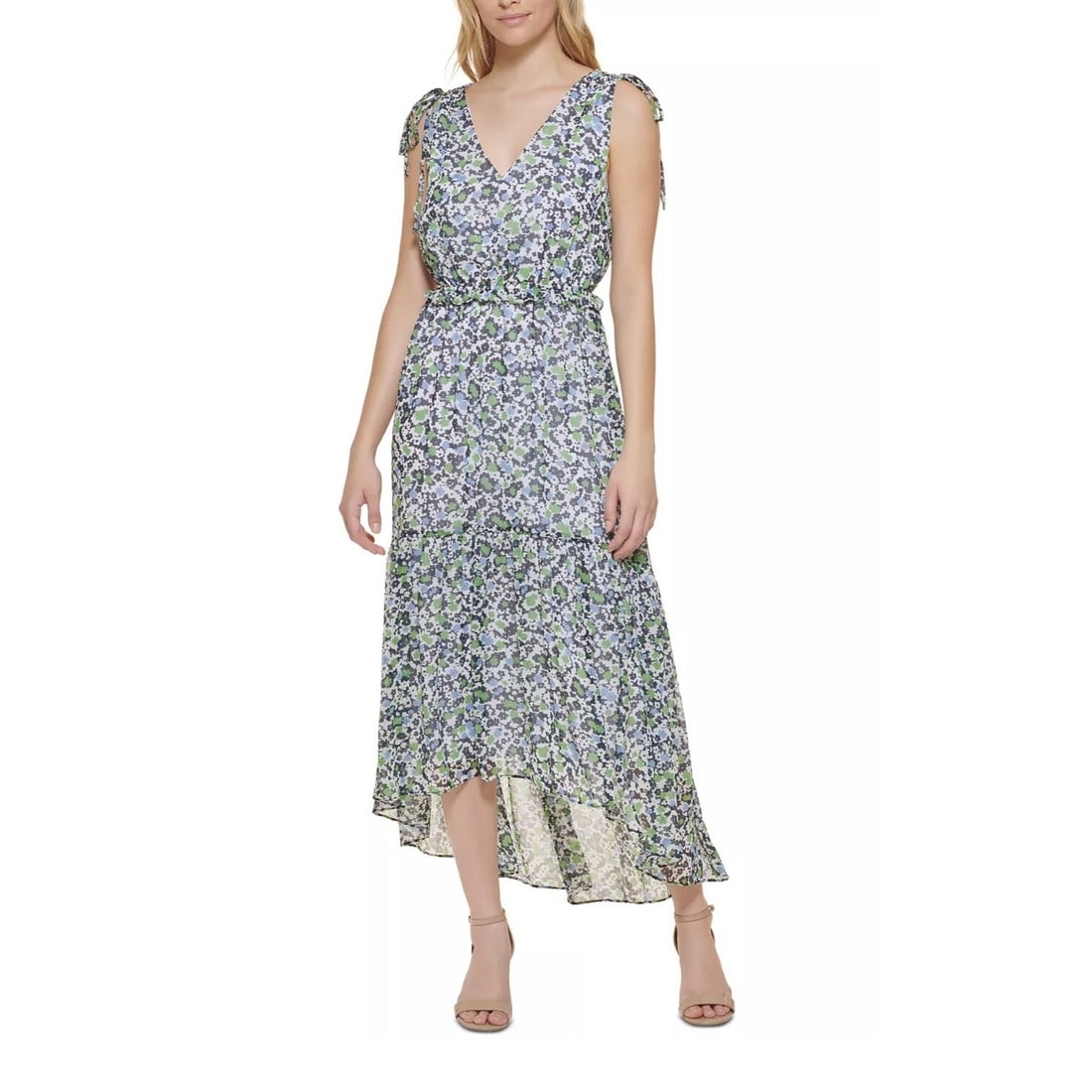 Tommy Hilfiger Floral Midi Dress Size 8 High Low Ruffle V-Neck Sleeveless (1 of 3)