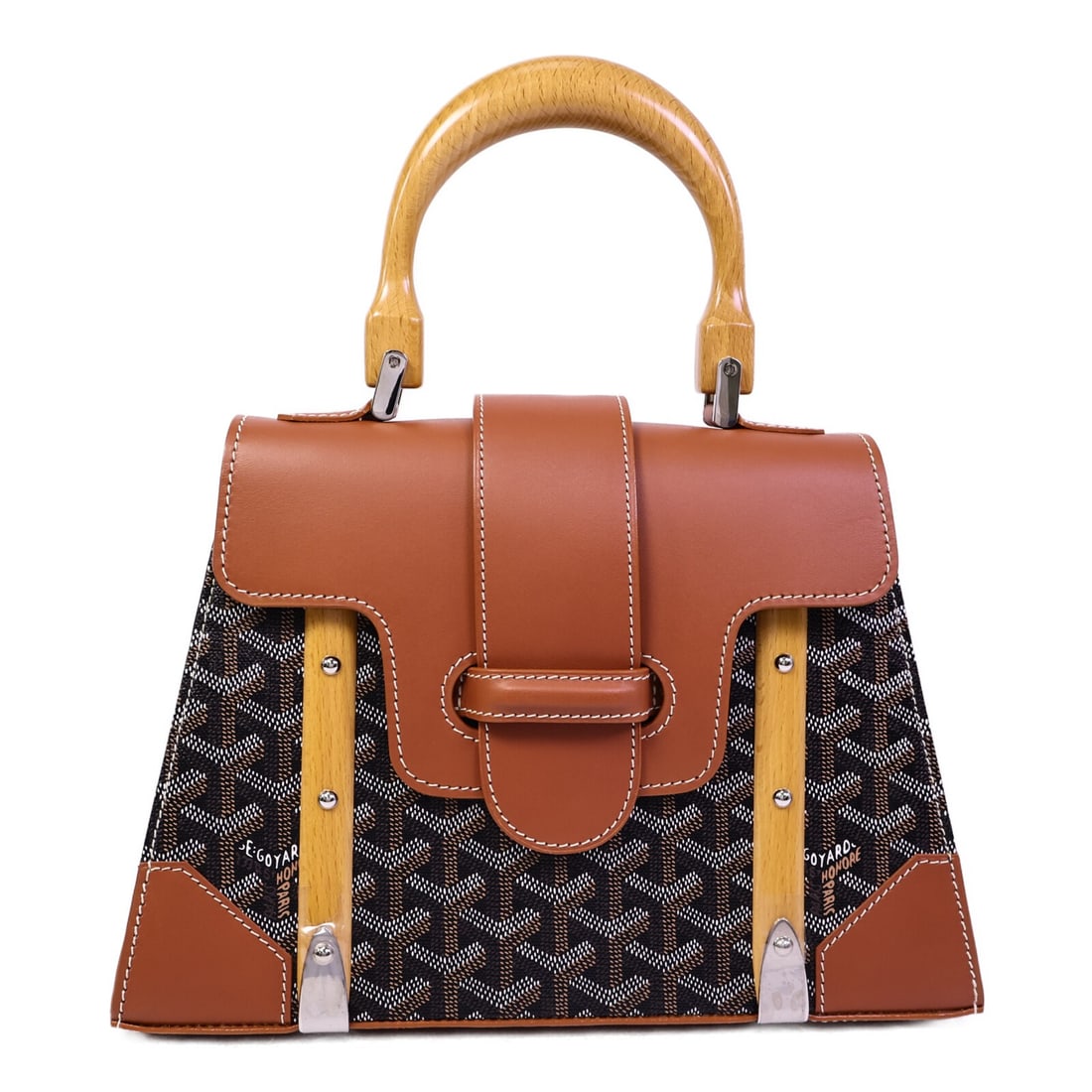 Goyard Saigon PM Brown Coated Canvas Structured Handbag: Goyard Saigon PM Brown Coated Canvas Structured Handbag This Goyard Saigon Structured PM handbag features a classic design crafted from brown PVC coated canvas. Made in France, it offers a structured 