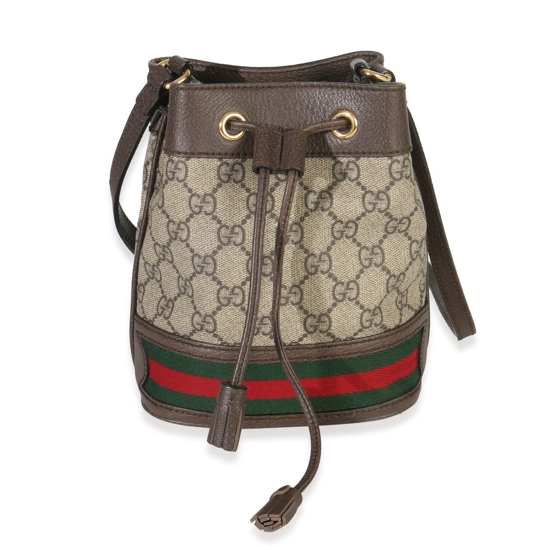 Ophidia Mini Bucket Crossbody Bag in Beige GG Supreme Canvas by Gucci: Ophidia Mini Bucket Crossbody Bag in Beige GG Supreme Canvas by Gucci This Gucci Ophidia Mini Bucket Bag features a beige GG Supreme coated canvas exterior with brown leather trim, gold-tone hardware,