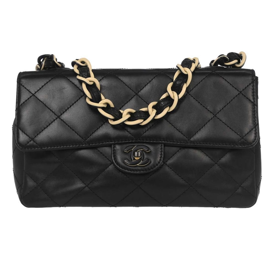 CHANEL Lambskin Shoulder Bag with Acrylic Chain Black: CHANEL Lambskin Shoulder Bag with Acrylic Chain Black This Chanel shoulder bag features luxurious black lambskin leather paired with acrylic chain detailing, offering a sophisticated look for casual o
