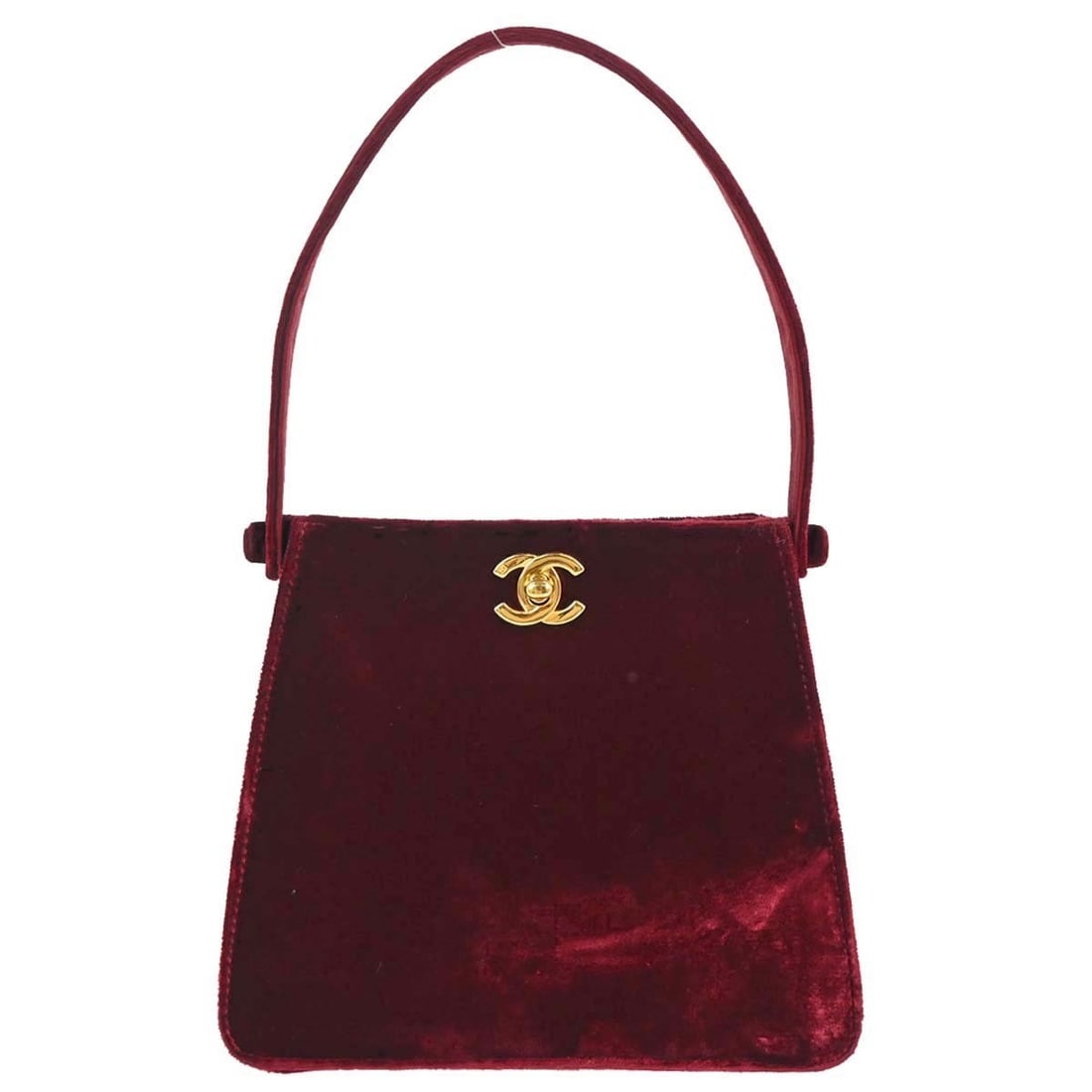 CHANEL Bordeaux Velvet Top Handle Bag: CHANEL Bordeaux Velvet Top Handle Bag This elegant Chanel handbag features luxurious bordeaux velvet and a classic top handle design. The bag is medium-sized and secured with a turn lock closure, offe