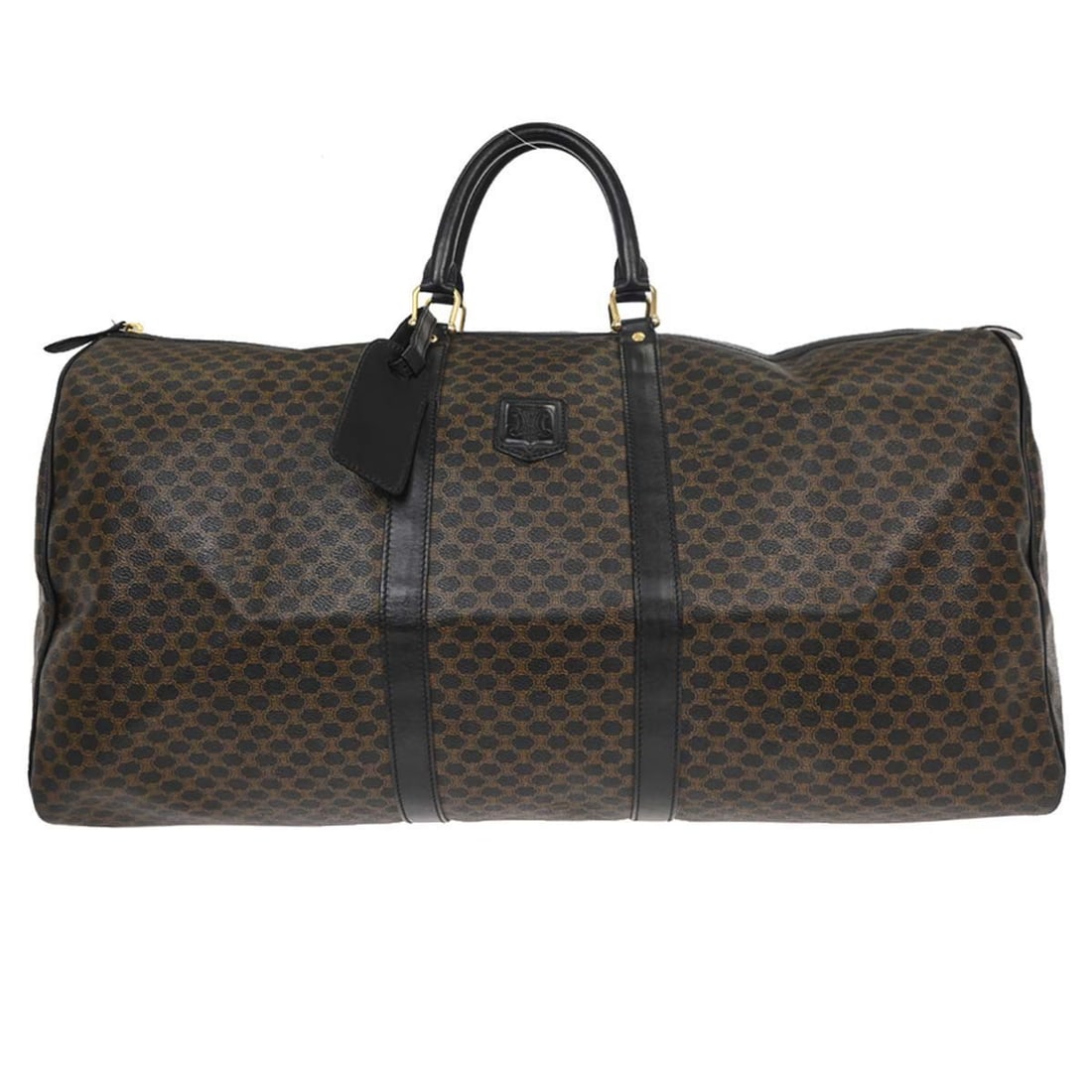 CELINE Macadam black duffle handbag zipper double handles: CELINE Macadam black duffle handbag zipper double handles This Celine Black Macadam Duffle Handbag features the iconic Macadam pattern with a spacious extra large design. Crafted with a PVC leather ex