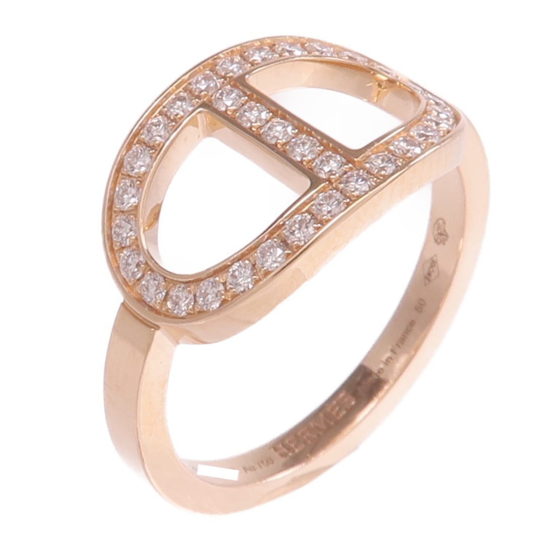 Hermes H Bague Dancre 18K Rose Gold Diamond Ring US 5.25: Hermes H Bague Dancre 18K Rose Gold Diamond Ring US 5.25 This Hermes H Bague Dancre ring is crafted from 18K pink (rose) gold, designed for women. The ring features a gold finish and is sized at US 5.
