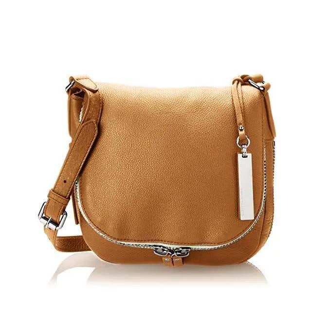 Vince Camuto Baily Chestnut Brown Leather Crossbody Bag with Zip Pocket: Vince Camuto Baily Chestnut Brown Leather Crossbody Bag with Zip Pocket Elevate your accessory collection with the Vince Camuto Baily Chestnut Brown Leather Crossbody Bag. This stylish bag features a 