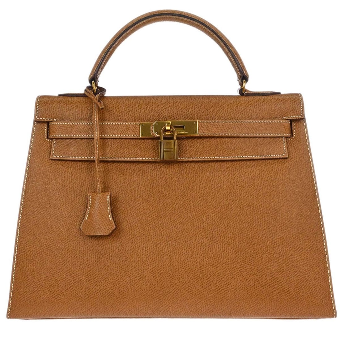 Hermes Kelly 32 Beige Leather Top Handle Bag Gold Hardware: Hermes Kelly 32 Beige Leather Top Handle Bag Gold Hardware This Hermes Kelly 32 Sellier handbag features a structured silhouette crafted from beige Courchevel leather with gold-tone hardware. The medi