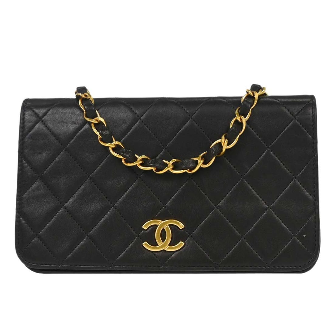 Chanel Mini Matelasse Quilted Lambskin Leather Crossbody Full Flap Bag: Chanel Mini Matelasse Quilted Lambskin Leather Crossbody Full Flap Bag This Chanel Mini Full Flap Shoulder Bag features luxurious black lambskin leather with a quilted matelasse pattern. It is designe