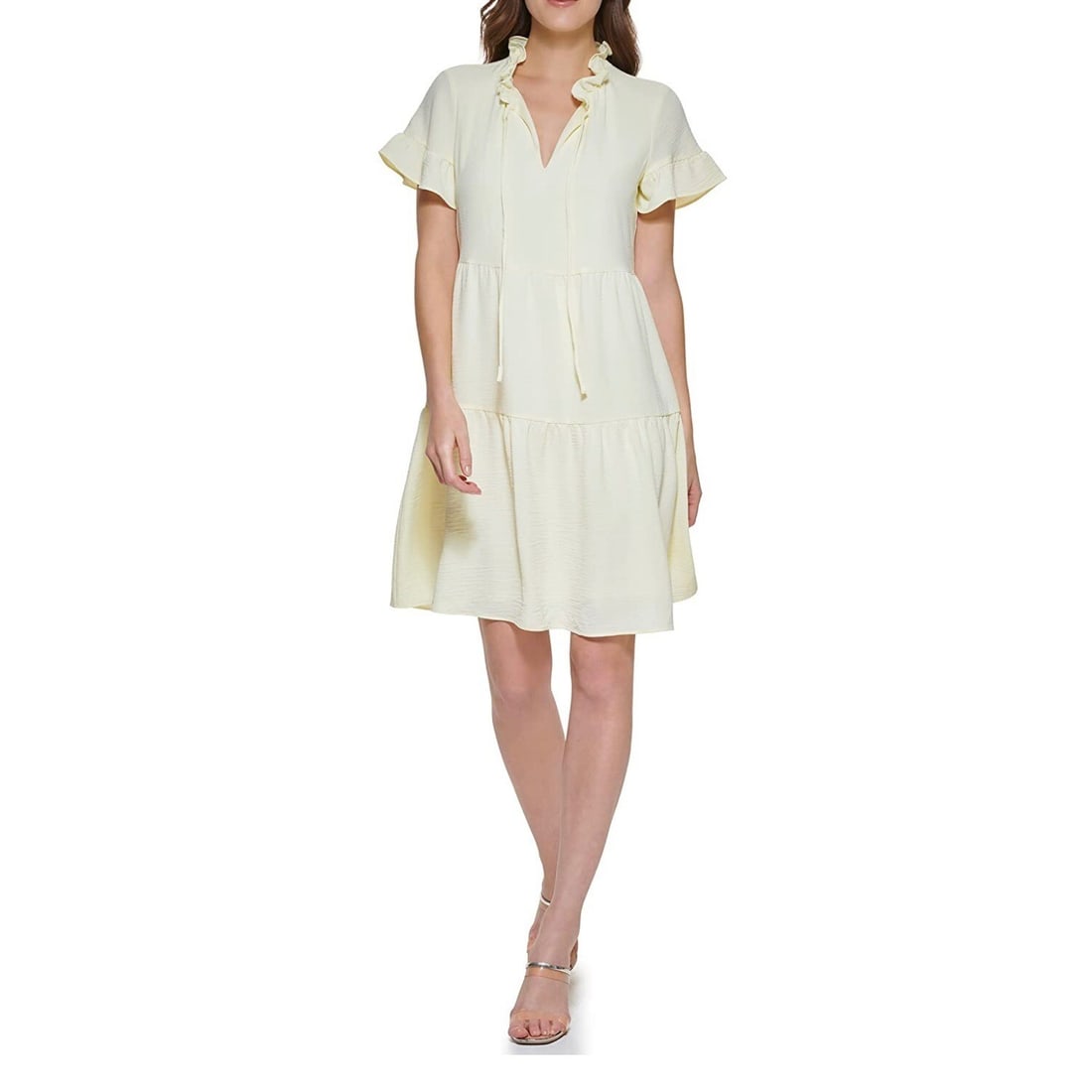 DKNY Women's Yellow Ruffled Tie Neck Short Sleeve Sheath Dress Size 4 (1 of 4)