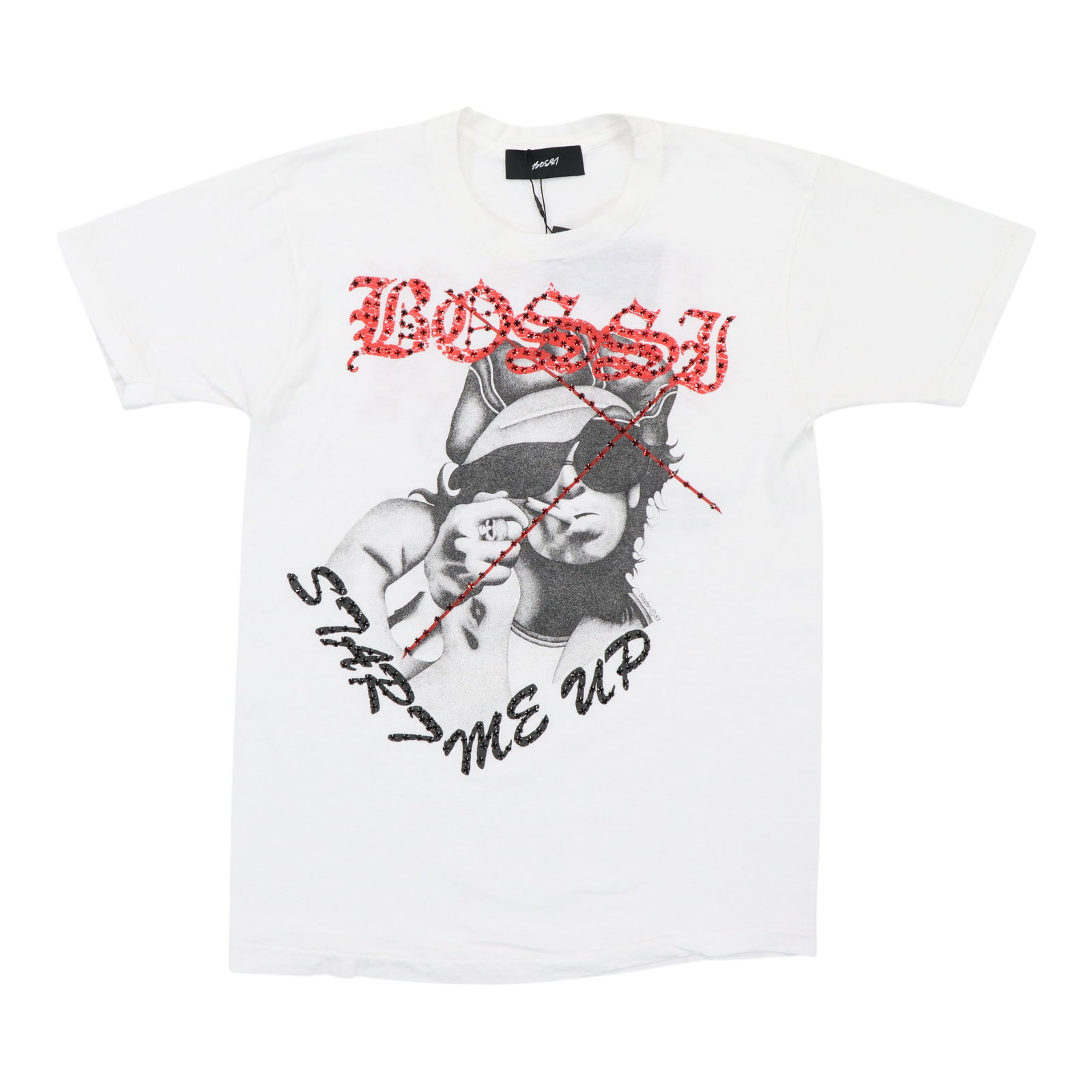 1980s White Cotton Shirt Featuring Keith Richards Start Me Up Graphic: 1980s White Cotton Shirt Featuring Keith Richards Start Me Up Graphic This vintage 1980s Bossi Keith Richards 'Start Me Up' shirt features a classic white color and is made from 100% cotton. The shirt