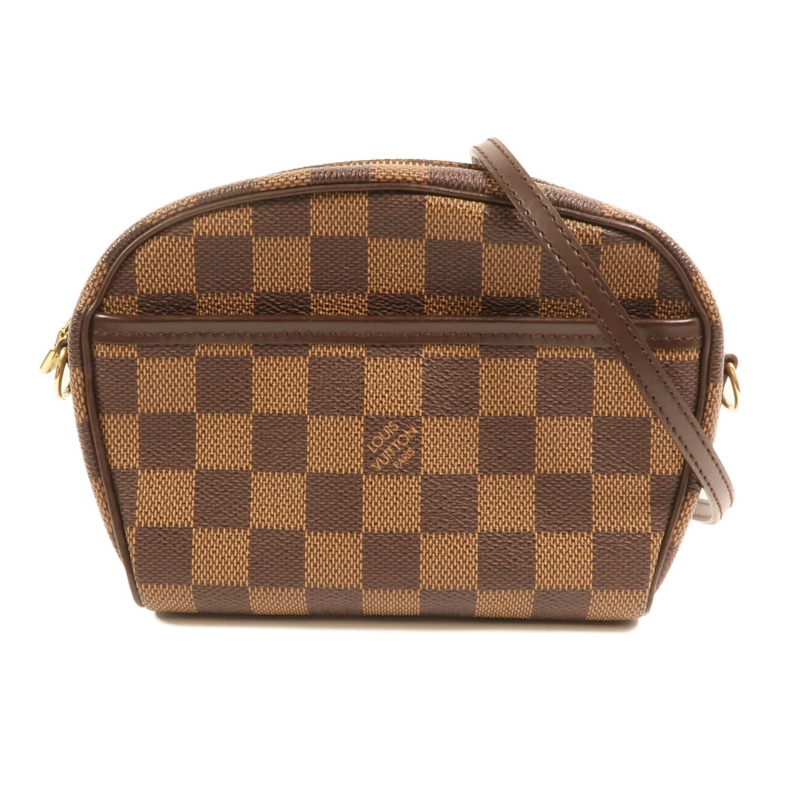 Louis Vuitton Damier Pochette Ipanema Brown Shoulder Bag with Gold Hardware: Louis Vuitton Damier Pochette Ipanema Brown Shoulder Bag with Gold Hardware This Louis Vuitton Pochette Ipanema shoulder bag is crafted from brown Damier-patterned PVC coated canvas and features gold-