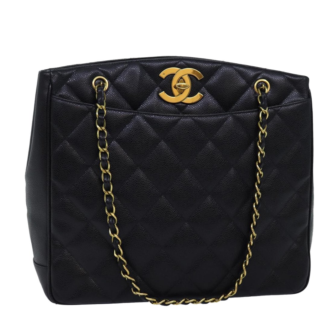 Chanel Black Caviar Leather Matelasse Chain Shoulder Bag with CC Logo: Chanel Black Caviar Leather Matelasse Chain Shoulder Bag with CC Logo This CHANEL Big Matelasse Chain Shoulder Bag is crafted from black caviar skin leather and features the signature CC logo. Designe