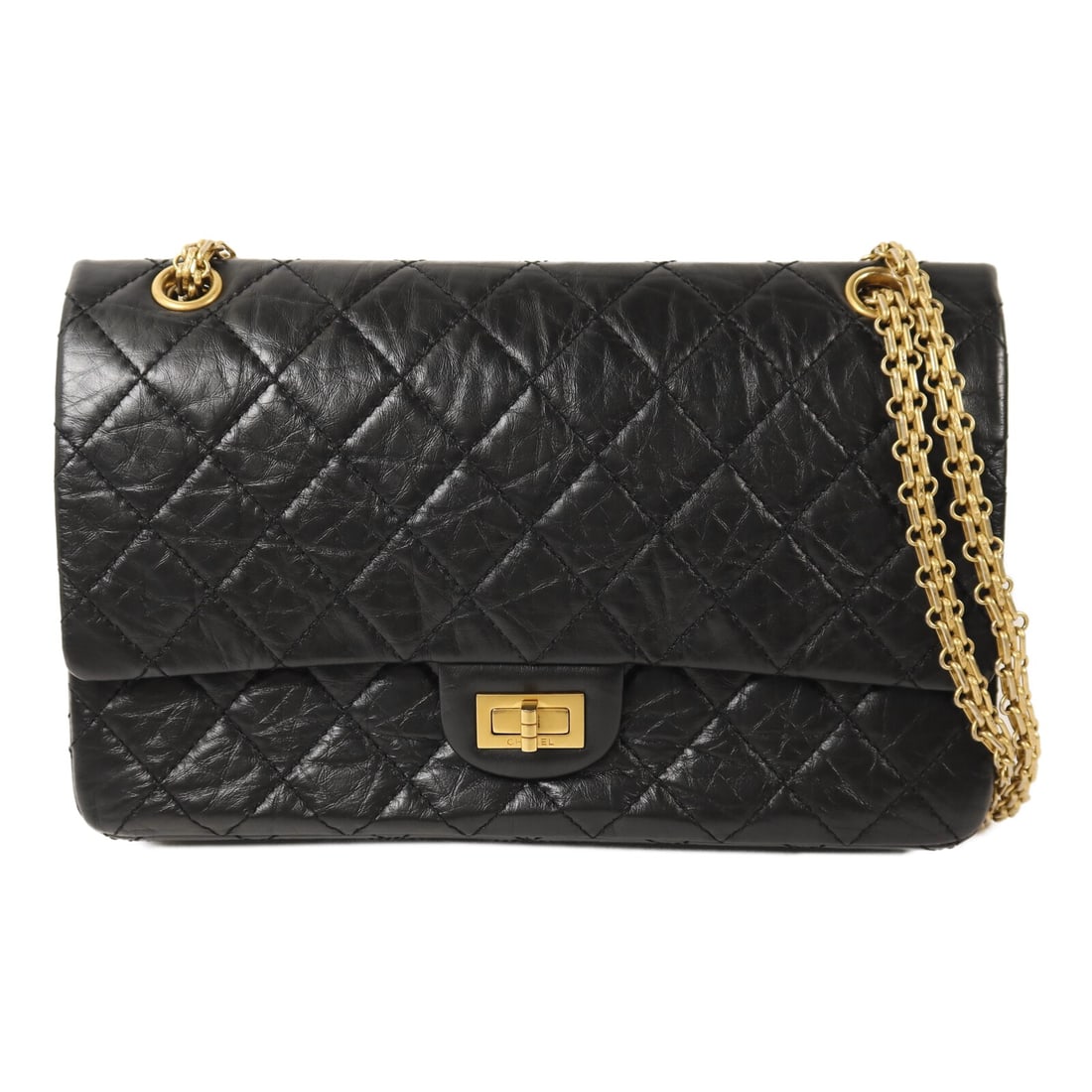 Chanel 2.55 Medium Black Calfskin Shoulder Bag with CC Gold Hardware: Chanel 2.55 Medium Black Calfskin Shoulder Bag with CC Gold Hardware This Chanel 2.55 Medium Chain Shoulder Bag is crafted from black calfskin leather and features the signature CC clasp and chain str