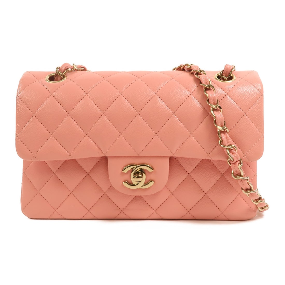 Pink Calfskin Classic 25 Shoulder Bag by CHANEL with Gold Hardware: Pink Calfskin Classic 25 Shoulder Bag by CHANEL with Gold Hardware This CHANEL Classic 25 Chain Shoulder Bag features a pink calfskin leather exterior and gold-tone hardware. Designed for women, it co