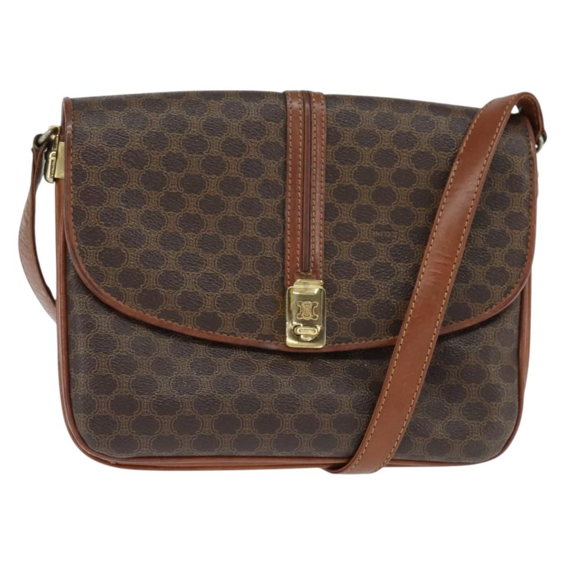 Celine Brown Macadam Pattern PVC Leather Shoulder Bag Italy: Celine Brown Macadam Pattern PVC Leather Shoulder Bag Italy This pre-owned Celine Macadam shoulder bag features a classic brown PVC exterior with leather trim. Designed for women, it includes a should