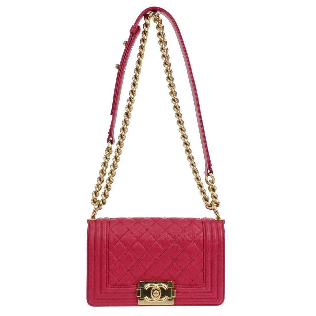 CHANEL Boy Pink Calfskin Mini Chain Shoulder Bag: CHANEL Boy Pink Calfskin Mini Chain Shoulder Bag This Boy Chanel small chain shoulder bag features a pink leather exterior with a classic clasp flap closure and a fabric-lined interior. Designed in a 