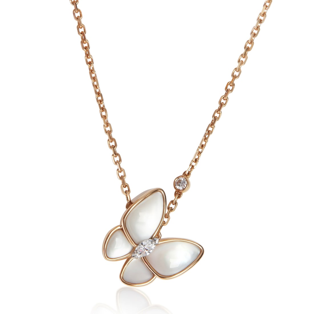 Van Cleef Arpels Two Butterfly Rose Gold Pendant with Mother of Pearl Diamond: Van Cleef Arpels Two Butterfly Rose Gold Pendant with Mother of Pearl Diamond This Van Cleef & Arpels Two Butterfly pendant features a sophisticated design crafted in 18k rose gold. The pendant showca
