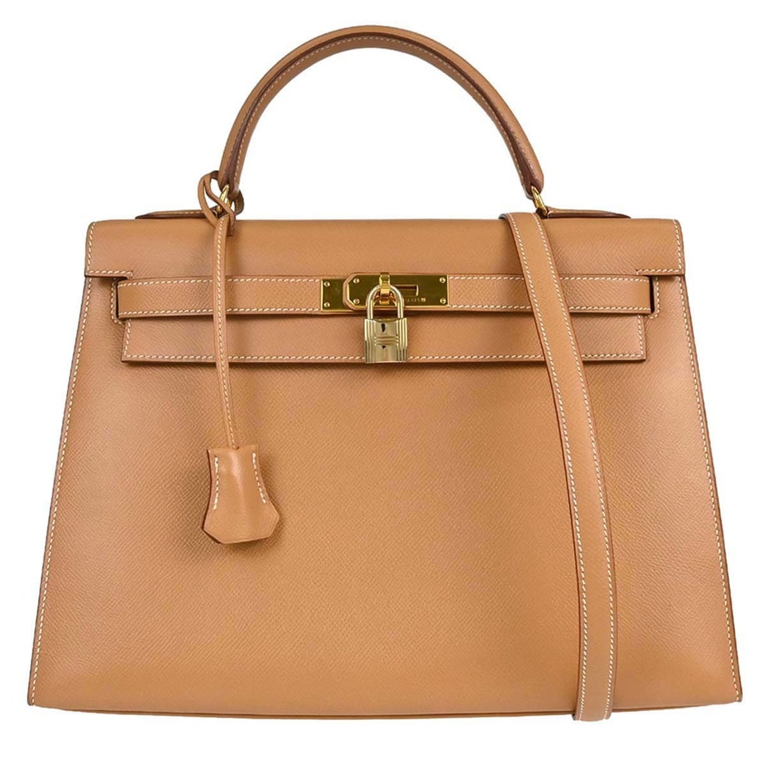 Hermes Kelly 32 Courchevel leather top handle bag gold hardware: Hermes Kelly 32 Courchevel leather top handle bag gold hardware This Hermes Kelly 32 Sellier 2-way handbag features natural Courchevel leather in a beige tone with gold-colored hardware. Designed with