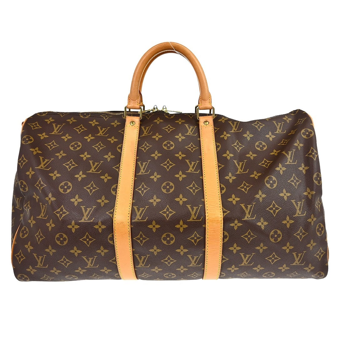 Louis Vuitton Monogram Keepall 50 Bandouliere Bag: Louis Vuitton Monogram Keepall 50 Bandouliere Bag This Louis Vuitton Keepall Bandouliere 50 handbag features the iconic Monogram canvas exterior with beige leather double handles and a zip closure. Th