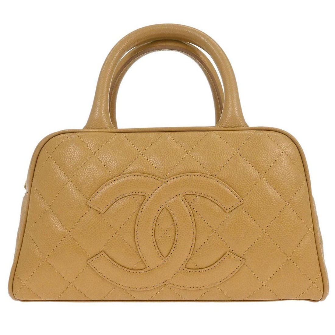 Chanel Caviar Leather Top Handle Bowling Bag Beige 11 Inch: Chanel Caviar Leather Top Handle Bowling Bag Beige 11 Inch This Chanel top handle bowling bag features beige caviar skin leather with a logo accent and double handles. Designed for casual occasions, i