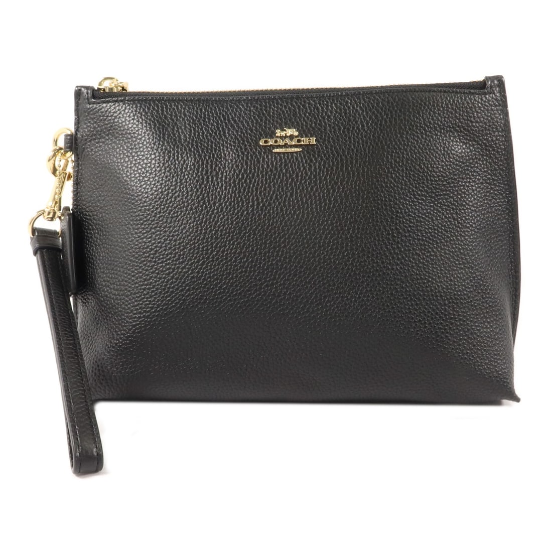 Coach black calfskin clutch pouch GHW: Coach black calfskin clutch pouch GHW This COACH pouch clutch bag is crafted from black calfskin leather and features gold-tone hardware. Designed for women, it offers a sleek and versatile accessory 