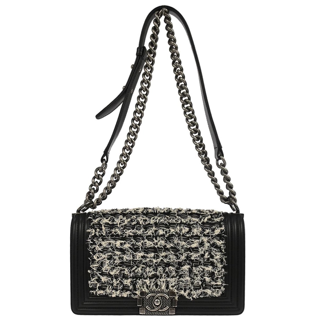 Chanel Boy Medium Black Tweed and Lambskin Chain Shoulder Bag: Chanel Boy Medium Black Tweed and Lambskin Chain Shoulder Bag This Chanel Boy Medium Double Chain Shoulder Bag features a black lambskin exterior with a tweed design, complemented by a chain strap and