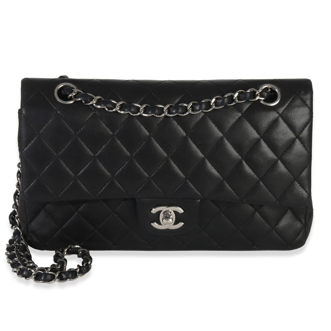 Chanel Medium Lambskin Quilted Double Flap Shoulder Bag: Chanel Medium Lambskin Quilted Double Flap Shoulder Bag This Chanel Black Quilted Lambskin Medium Classic Double Flap Bag features luxurious black leather with a signature quilted design. The bag is e