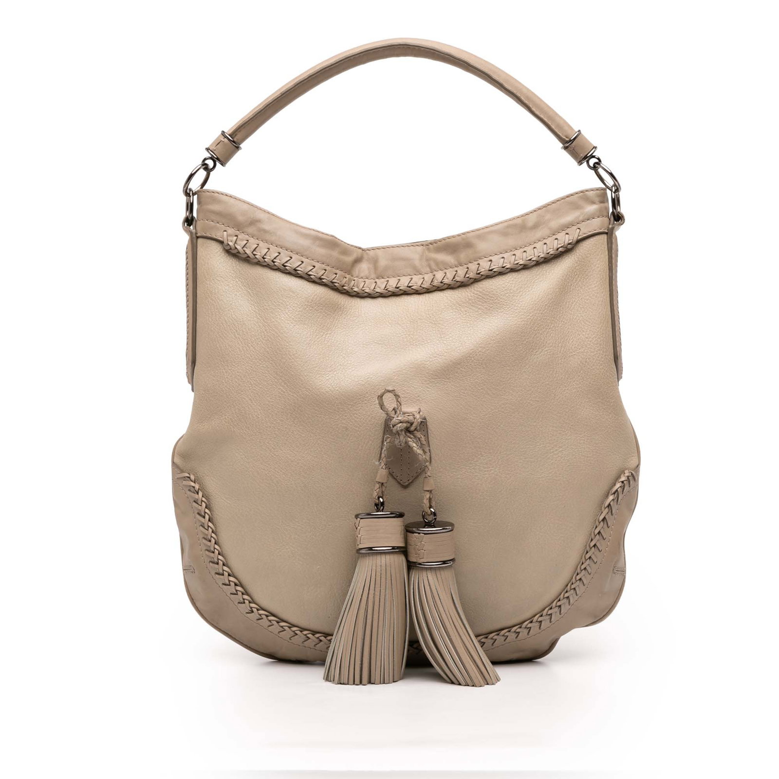 Burberry Brown Leather Hobo Shoulder Bag with Tassel Accents: Burberry Brown Leather Hobo Shoulder Bag with Tassel Accents This Burberry Leather Tassel Hobo Bag features a brown leather body with tassel accents, a rolled leather strap, a top zip closure, and an 