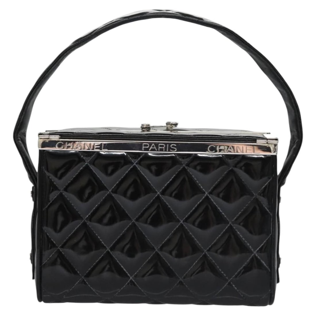 Chanel Vintage Quilted Patent Leather Box Bag: Chanel Vintage Quilted Patent Leather Box Bag This Chanel Vintage Metal Box Bag features a classic quilted patent leather exterior in black, complemented by metal fittings. Designed for women, the bag