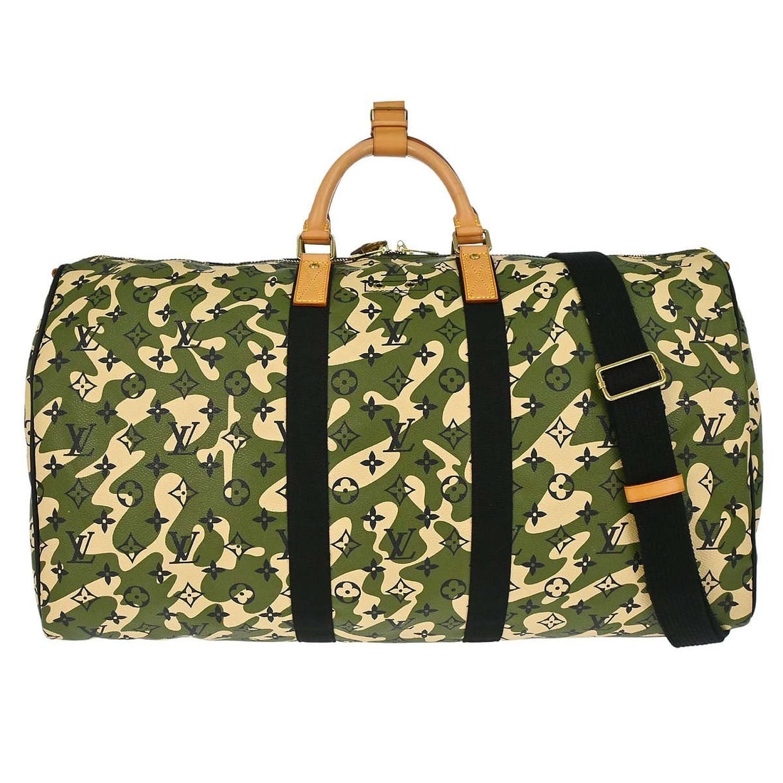 Louis Vuitton Keepall Bandouliere 55 Monogramouflage Travel Bag: Louis Vuitton Keepall Bandouliere 55 Monogramouflage Travel Bag This Louis Vuitton Monogramouflage Keepall Bandouliere 55 is an extra-large handbag crafted from Monogramouflage canvas leather with a g