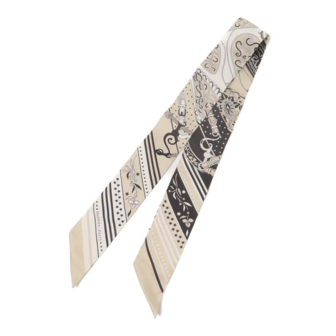 Hermes silk Twilly neck scarf black white gray: Hermes silk Twilly neck scarf black white gray This Hermes Twilly scarf is crafted from silk and features a sophisticated black, white, and gray color palette. Designed for women, it showcases the bra