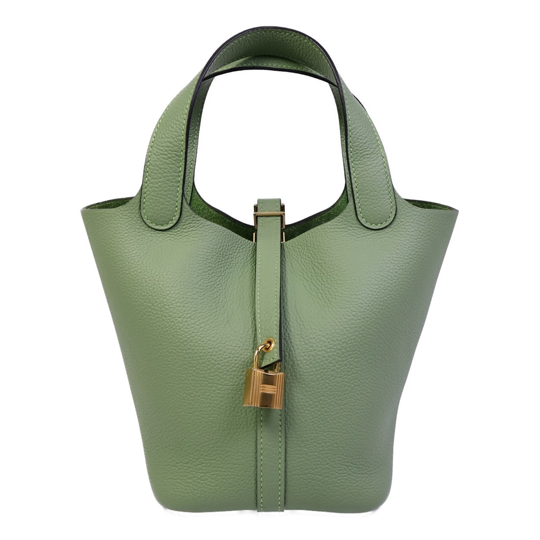 Hermes Picotin PM green calfskin tote bag GHW: Hermes Picotin PM green calfskin tote bag GHW This Hermes Picotin PM tote bag is crafted from Maurice calfskin leather in a vibrant Vert Criquet green. The bag features gold-tone hardware and a struct